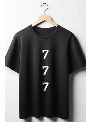  777BASKILI Oversize Geniş Kalıp Unisex Bisiklet Yaka Siyah Tshirt