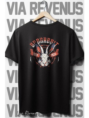  Rabbit Sırt Baskılı Oversize Geniş Kalıp Bisiklet Yaka Siyah Tshirt