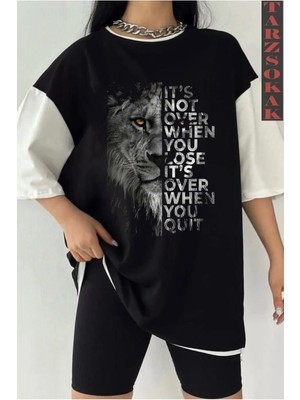  Siyah Oversize Çift Renk Aslan 2 Baskılı Unisex Tshirt