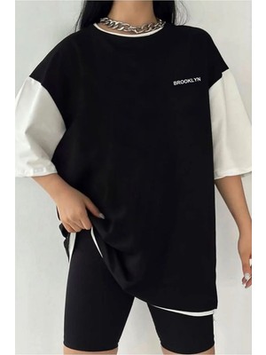  Çift Renk Minimal Brooklyn Baskılı Unisex Tshirt