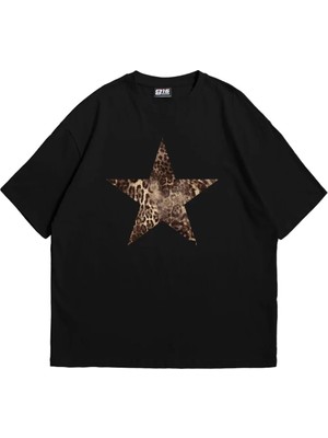  Starz Leopar Baskılı 24/1 Oversize Unisex Yıkamalı Siyah