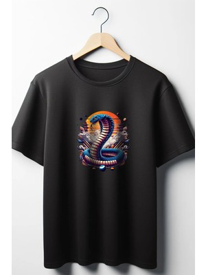  Yılan Baskılı Oversize Geniş Kalıp Unisex Bisiklet Yaka Siyah Tshirt