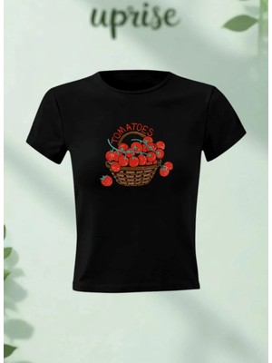  Tomatoes Baskılı Pamuklu Likralı Body Tee Crop T-Shirt