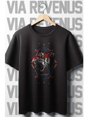  Kaplan Baskılı Oversize Geniş Kalıp Bisiklet Yaka Siyah Tshirt