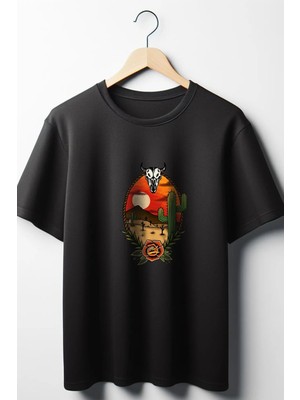  Vahşi Batı Baskılı Oversize Geniş Kalıp Unisex Bisiklet Yaka Siyah Tshirt