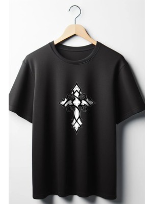  Haç Baskılı Oversize Geniş Kalıp Unisex Bisiklet Yaka Siyah Tshirt