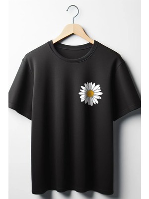  Papatya Baskılı Oversize Geniş Kalıp Unisex Bisiklet Yaka Siyah Tshirt