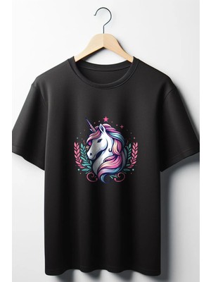  Unicorn Baskılı Oversize Geniş Kalıp Unisex Bisiklet Yaka Siyah Tshirt