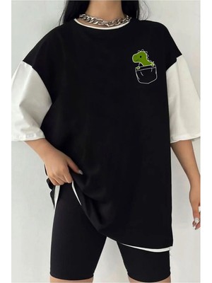  Çift Renk Dino Baskılı Unisex Tshirt