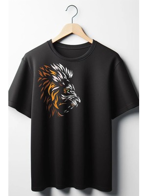  Aslan Baskılı Oversize Geniş Kalıp Unisex Bisiklet Yaka Siyah Tshirt