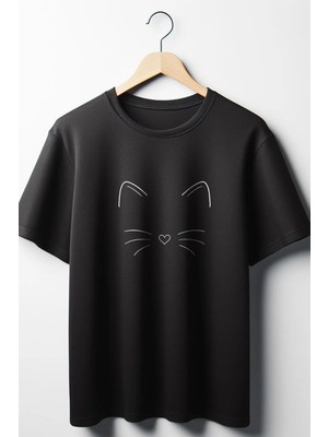  Kedi Baskılı Oversize Geniş Kalıp Unisex Bisiklet Yaka Siyah Tshirt