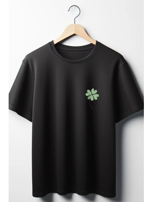  Yonca Baskılı Oversize Geniş Kalıp Unisex Bisiklet Yaka Siyah Tshirt