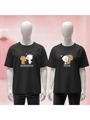  Sevgili Çift Kombini Baskılı Bisiklet Yaka Geniş Kalıp Unisex Tshirt