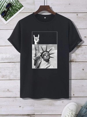  Özgürlük Anıtı Baskılı Siyah Oversize Tshirt