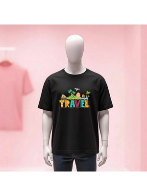  Baskılı Bisiklet Yaka Geniş Kalıp Unisex Tshirt