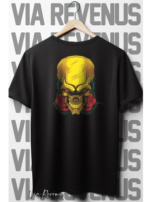  Golden Skull Sırt Baskılı Oversize Geniş Kalıp Bisiklet Yaka Siyah Tshirt