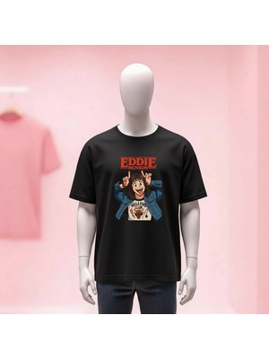  Stranger Things Eddie Munson Baskılı Bisiklet Yaka Geniş Kalıp Unisex Tshirt