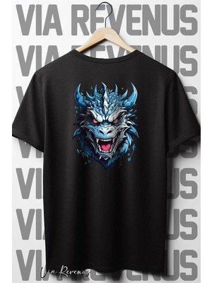  Ejderha Sırt Baskılı Oversize Geniş Kalıp Bisiklet Yaka Siyah Tshirt