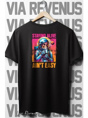  Staying Alive Sırt Baskılı Oversize Geniş Kalıp Bisiklet Yaka Siyah Tshirt