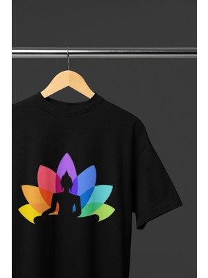 Yoga Lotus Çiçeği Baskılı Oversize Tişört Unisex Çakra Meditasyon Temalı Bisiklet Yaka Pamuklu