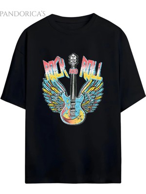  Pandorica's Rock Tasarım Serisi Rock&roll Yazılı Gitar Baskılı Unisex Pamuklu T-Shirt