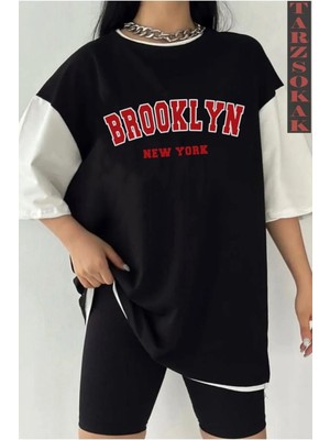  Siyah Oversize Çift Renk Brooklyn Baskılı Unisex Tshirt