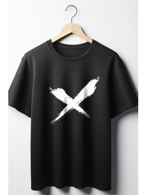  x Baskılı Oversize Geniş Kalıp Unisex Bisiklet Yaka Siyah Tshirt
