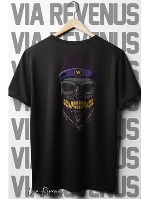  Gangsta Skull Sırt Baskılı Oversize Geniş Kalıp Bisiklet Yaka Siyah Tshirt