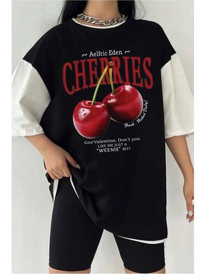  Çift Renk Red Cherries Baskılı Unisex Tshirt