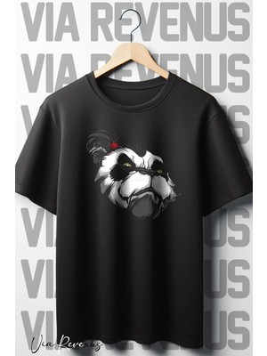  Sensei Panda Baskılı Oversize Geniş Kalıp Bisiklet Yaka Siyah Tshirt