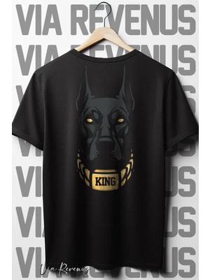  King Doberman Sırt Baskılı Oversize Geniş Kalıp Bisiklet Yaka Siyah Tshirt