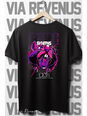  Run Sırt Baskılı Oversize Geniş Kalıp Bisiklet Yaka Siyah Tshirt