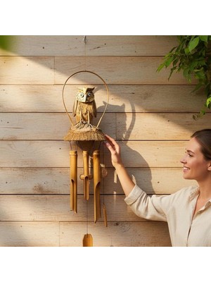 Keyfim Shop Dekoratif Baykuş Figürlü Bambu Rüzgar Çanı El Yapımı Bahçe ve Balkon Süsü