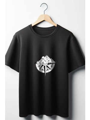  Kutup Yıldızı Baskılı Oversize Geniş Kalıp Unisex Bisiklet Yaka Siyah Tshirt
