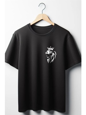  Aslan Baskılı Oversize Geniş Kalıp Unisex Bisiklet Yaka Siyah Tshirt
