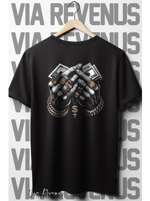 Para Sırt Baskılı Oversize Geniş Kalıp Bisiklet Yaka Siyah Tshirt