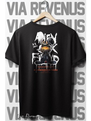  Alien Sırt Baskılı Bisiklet Yaka Siyah Oversize Geniş Kalıp Tshirt