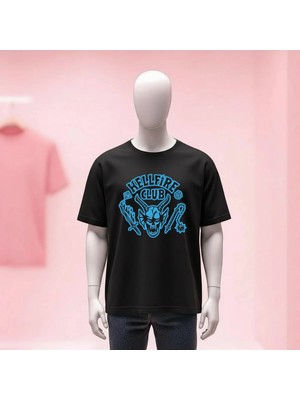  Stranger Things Hellfire Club Baskılı Bisiklet Yaka Geniş Kalıp Unisex Tshirt