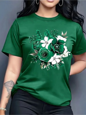  Kadınlar Için Zümrüt Yeşili Çiçek Desenli T-Shirt