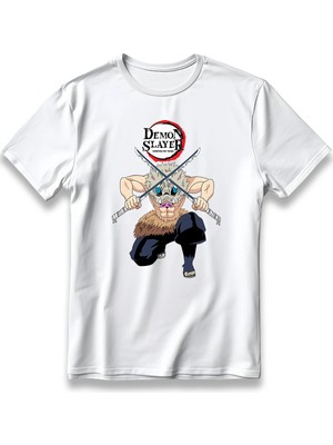  Demon Slayer Inosuke Anime Model Baskı Tişört Unisex %100 Pamuk Kalın Kumaşlı Manga T-Shirt