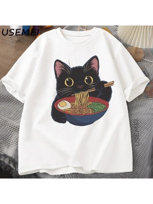  Ramen Kedi Tshirt Japon Tarzı Kedi Sevgilisi T-Shirt Kawaii Karikatür Pamuk Kısa Kollu T Shir 2863