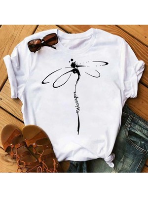 Kadın T-Shirt Rahat Kawaii Ayçiçeği Kelebek Desen MODEL93
