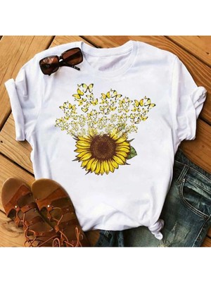  Kadın T-Shirt Rahat Kawaii Ayçiçeği Kelebek Desen MODEL92