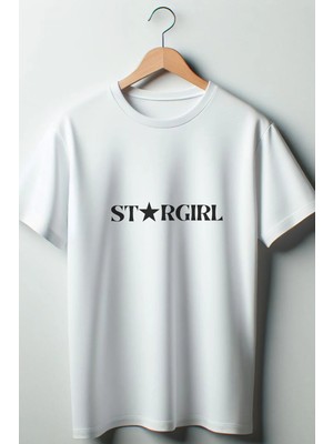  Stargirl Yazı Baskılı Oversize Geniş Kalıp Unisex Bisiklet Yaka Beyaz Tshirt