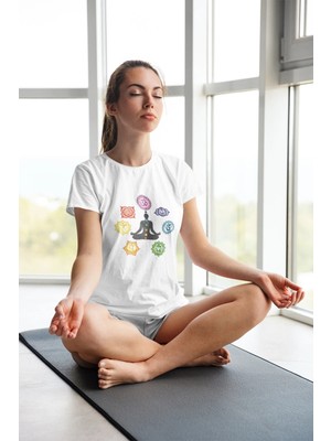 Yoga Lotus Çiçeği Baskılı Oversize Tişört Unisex Çakra Meditasyon Temalı Bisiklet Yaka Pamuklu