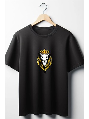  Aslan Baskılı Oversize Geniş Kalıp Unisex Bisiklet Yaka Siyah Tshirt