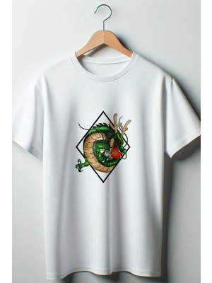  Ejderha Baskılı Oversize Geniş Kalıp Unisex Bisiklet Yaka Beyaz Tshirt
