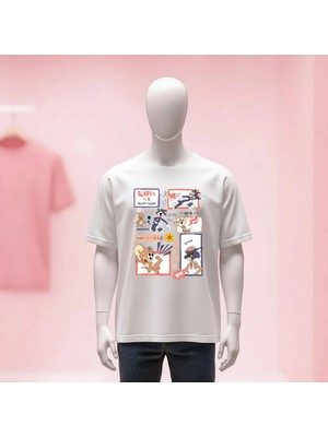  Baskılı Bisiklet Yaka Geniş Kalıp Unisex Tshirt