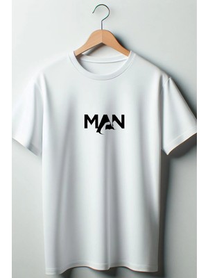  Man Baskılı Oversize Geniş Kalıp Unisex Bisiklet Yaka Beyaz Tshirt