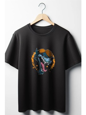  Kurt Baskılı Oversize Geniş Kalıp Unisex Bisiklet Yaka Siyah Tshirt